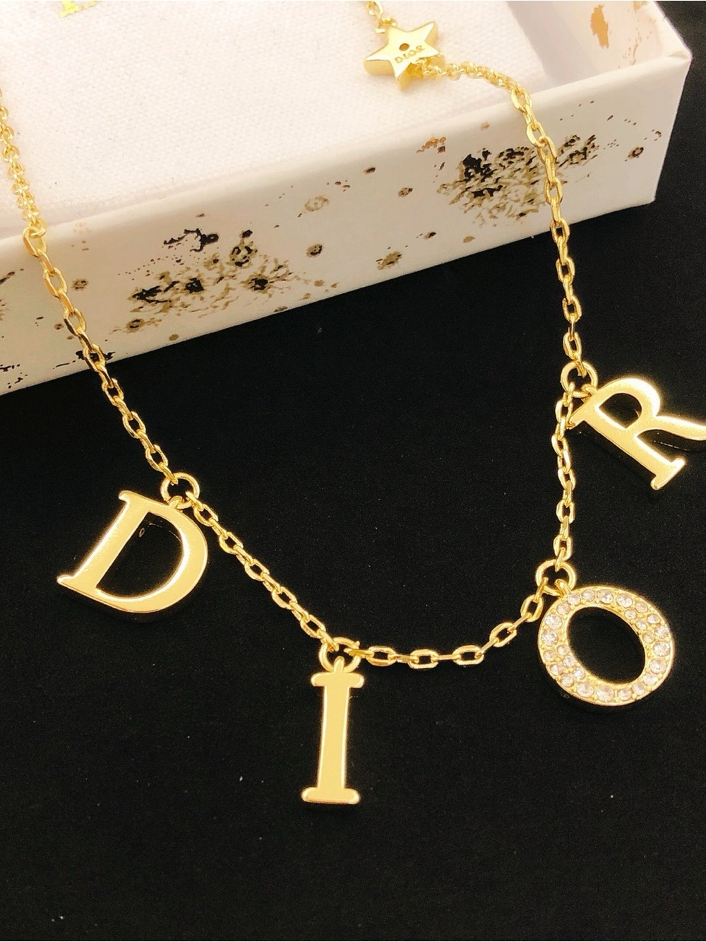 Gold Letter Charm Necklace with Pavé 'O'